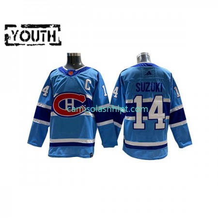 Camiseta Montreal Canadiens Nick Suzuki 14 Adidas 2022-2023 Reverse Retro Azul Authentic - Criança